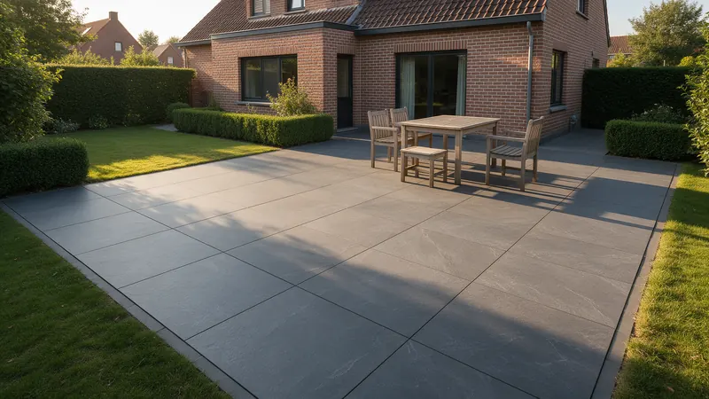 Terrasse en dalles céramiques anthracite de 2 cm derrière une maison en briques
