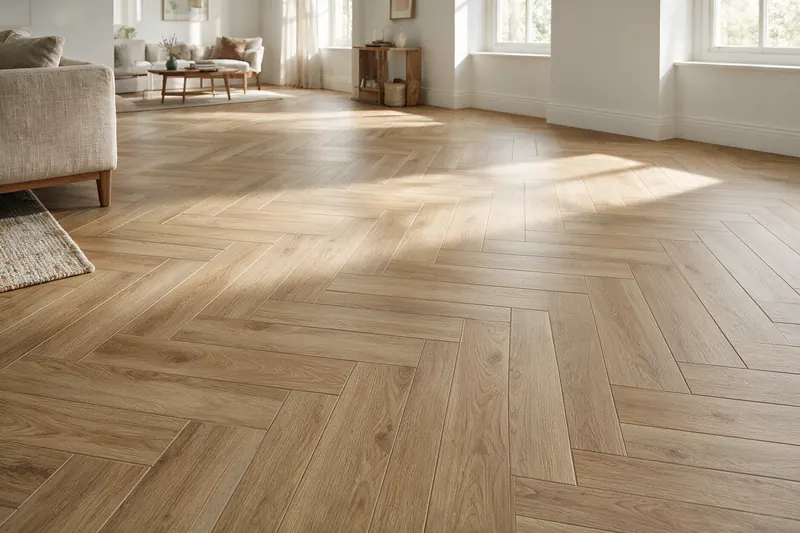 Carrelage imitation parquet chêne posé en point de Hongrie