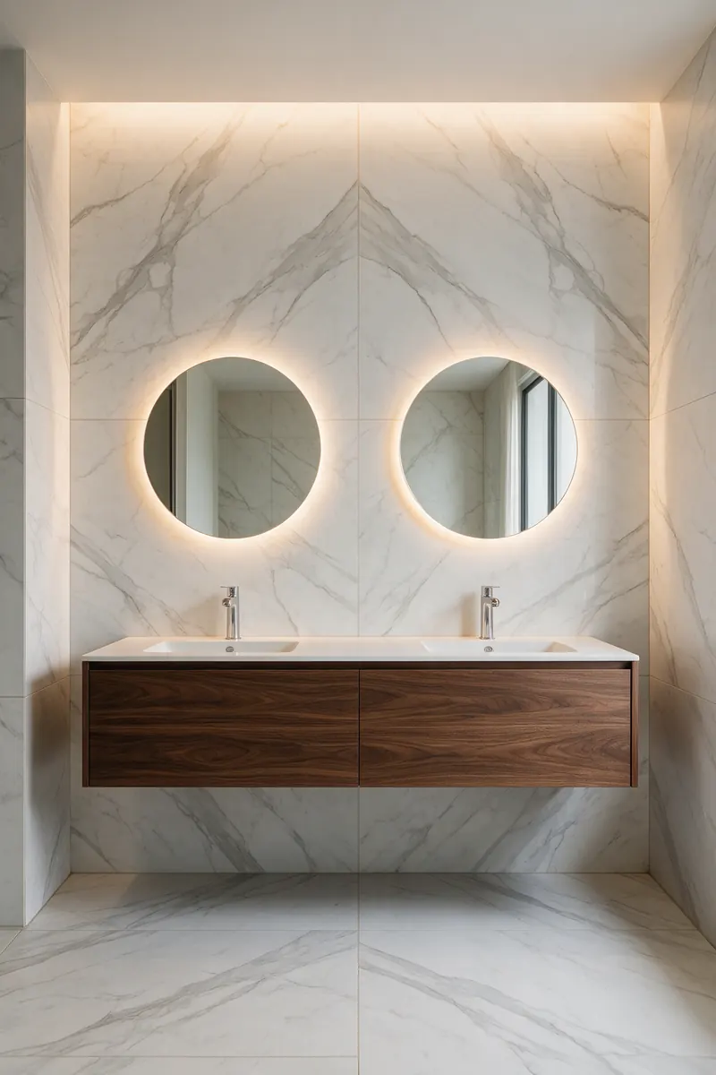 Salle de bain aux murs en grandes dalles céramiques aspect marbre blanc